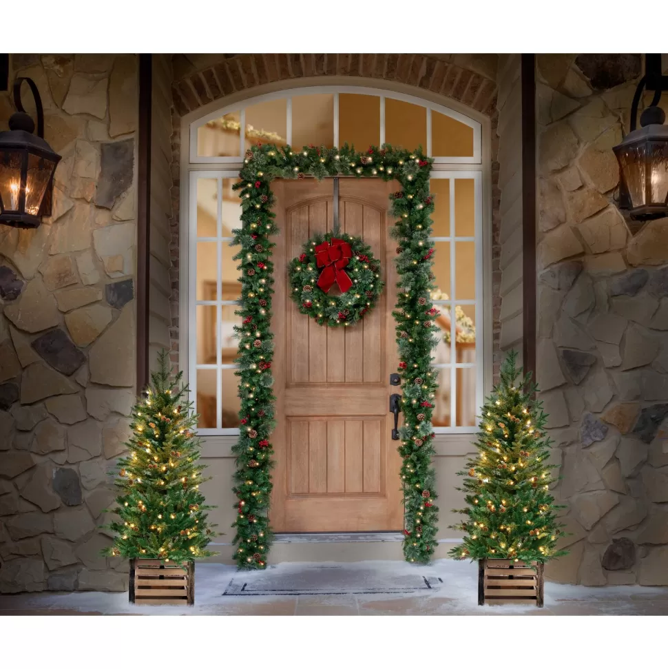 Cheap Three Posts 48' H Green Realistic Artificial Fir Christmas Tree With 100 Lights And Pinecones
