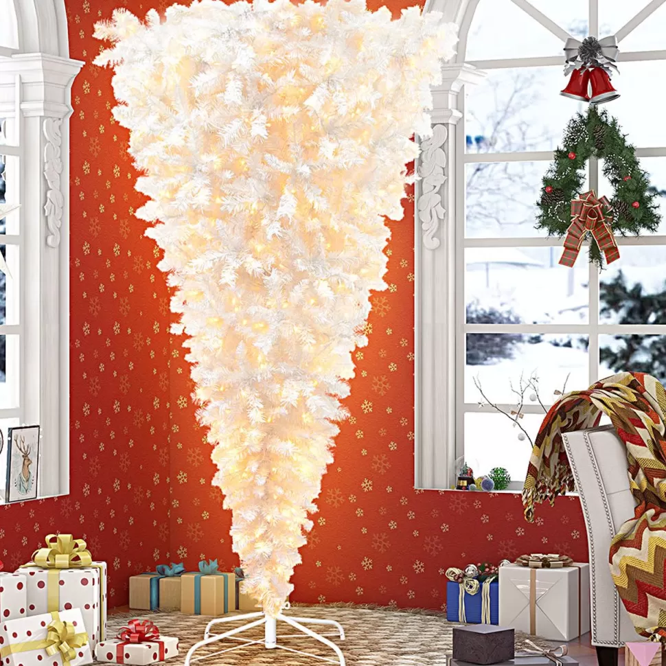 Store The Holiday Aisle 6.6Ft Pre-Lit White Upside Down Christmas Tree, Artificial Christmas Tree Metal Stand, Led Lights