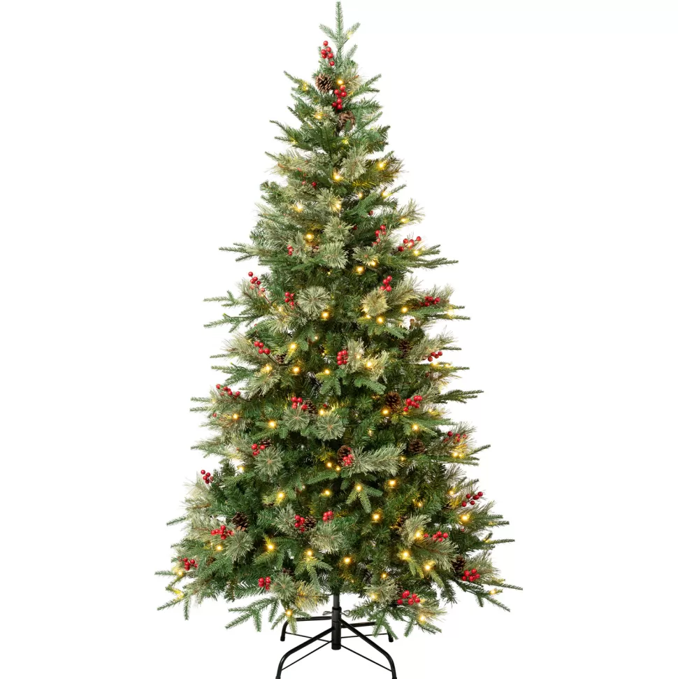 Sale The Holiday Aisle 72" H Regular Realistic Artificial Pvc And Pe Blend Pine Christmas Tree 200 Led Steady/Constant Lights And Berries