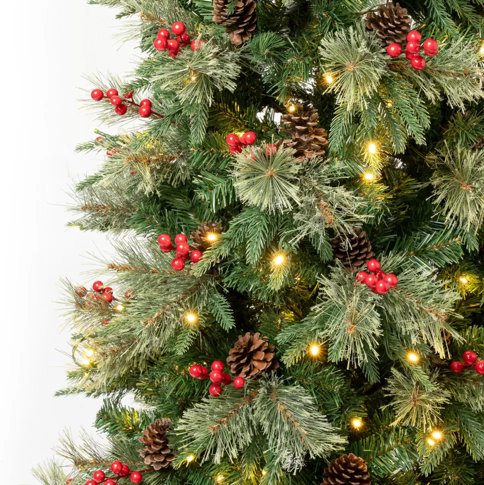 Sale The Holiday Aisle 72" H Slender Realistic Artificial Pvc And Pe Blend Pine Christmas Tree 200 Led Steady/Constant Lights And Berries
