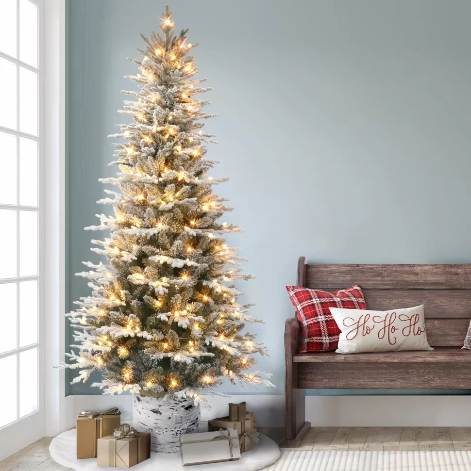 Outlet The Holiday Aisle 7.5 Ft Pre-Lit Potted Flocked Arctic Fir Tree, 1973 Tips, 250 Warm White Led Lights, Ul Listed Adaptor, Birch Wood Look Base