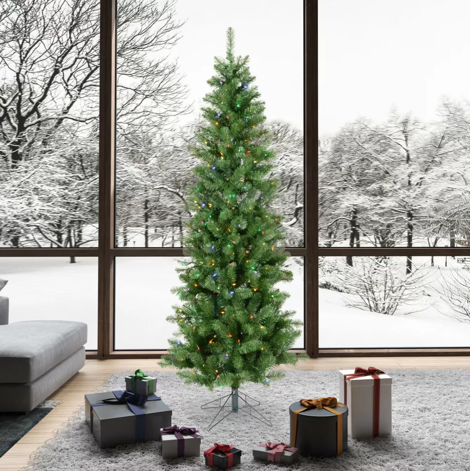 Shop The Holiday Aisle 7.5' Green Artificial Christmas Tree With Multi-Colored Led Lights With Stand
