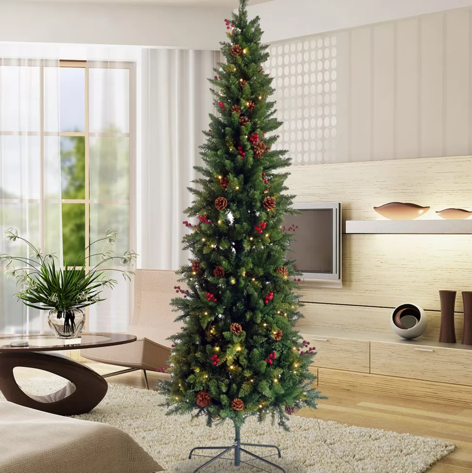 Shop The Holiday Aisle 7.5Ft Artificial Slim Christmas Tree With Cones And Berries And 300 Warm White Lights