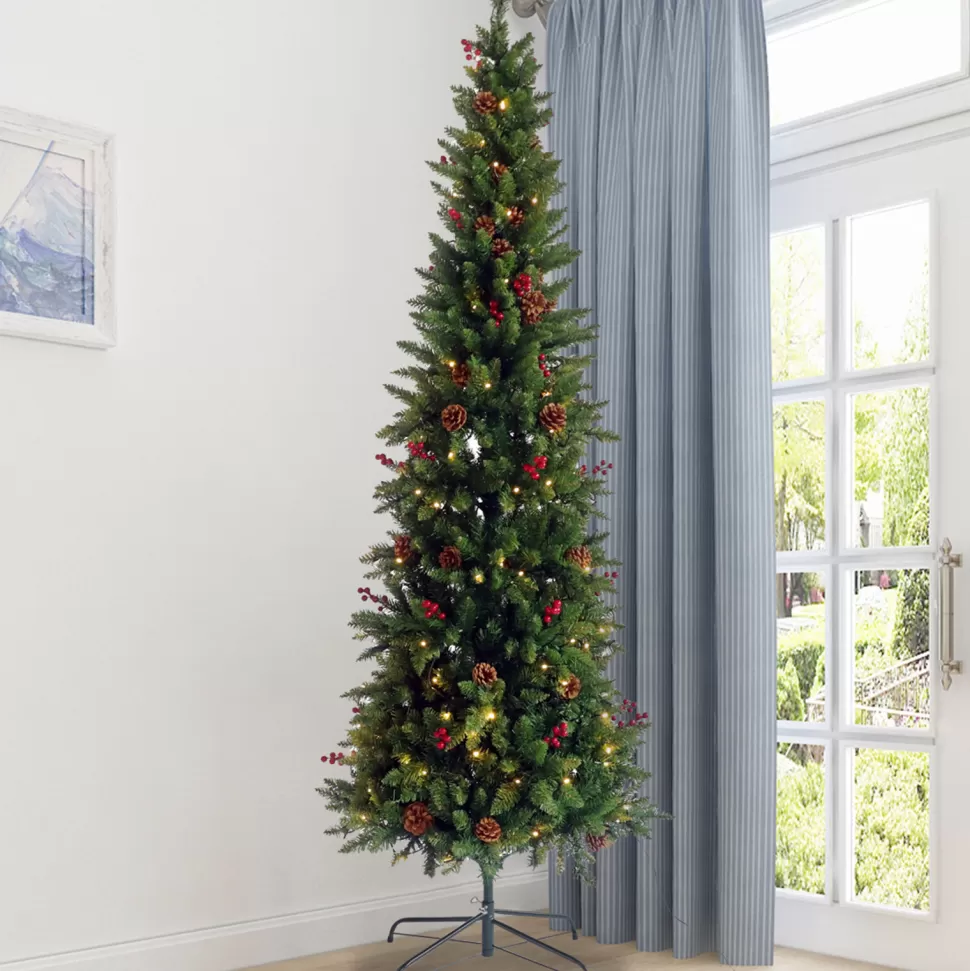 Shop The Holiday Aisle 7.5Ft Artificial Slim Christmas Tree With Cones And Berries And 300 Warm White Lights