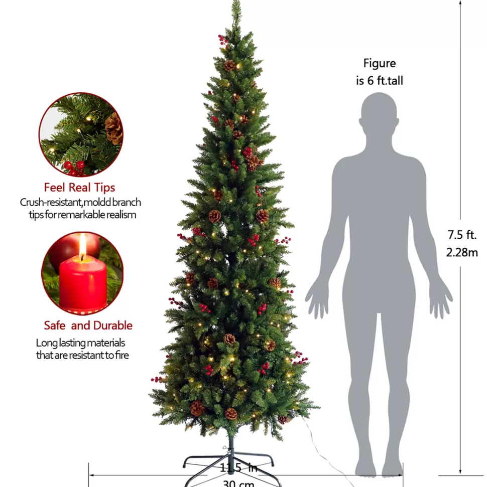 Shop The Holiday Aisle 7.5Ft Artificial Slim Christmas Tree With Cones And Berries And 300 Warm White Lights