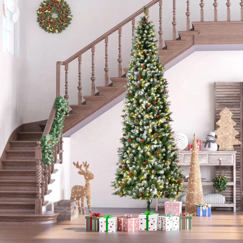 Best The Holiday Aisle 9'' H Slender Green/White Flocked/Frosted Christmas Tree With 300 Led Lights