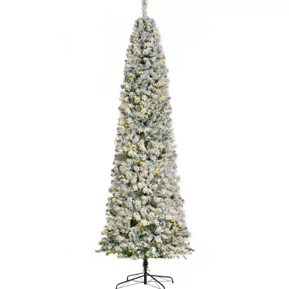 Store The Holiday Aisle 9' H Slender Green/White Flocked/Frosted Christmas Tree With 350 Led Lights