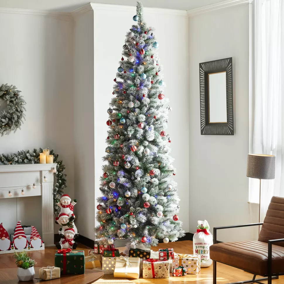Best The Holiday Aisle 9Ft Slender Flocked/Frosted Artificial Pine Christmas Tree With 450 Led Lights