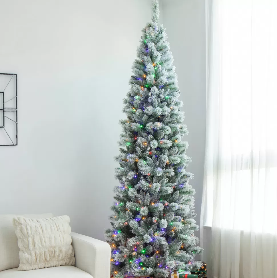 Best The Holiday Aisle 9Ft Slender Flocked/Frosted Artificial Pine Christmas Tree With 450 Led Lights