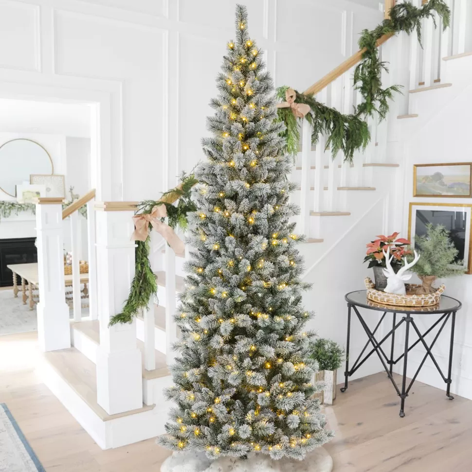Best The Holiday Aisle 9Ft Slender Flocked/Frosted Artificial Pine Christmas Tree With 450 Led Lights