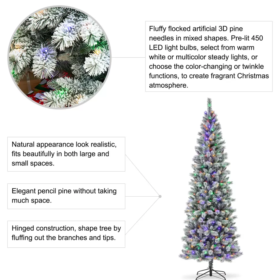 Best The Holiday Aisle 9Ft Slender Flocked/Frosted Artificial Pine Christmas Tree With 450 Led Lights