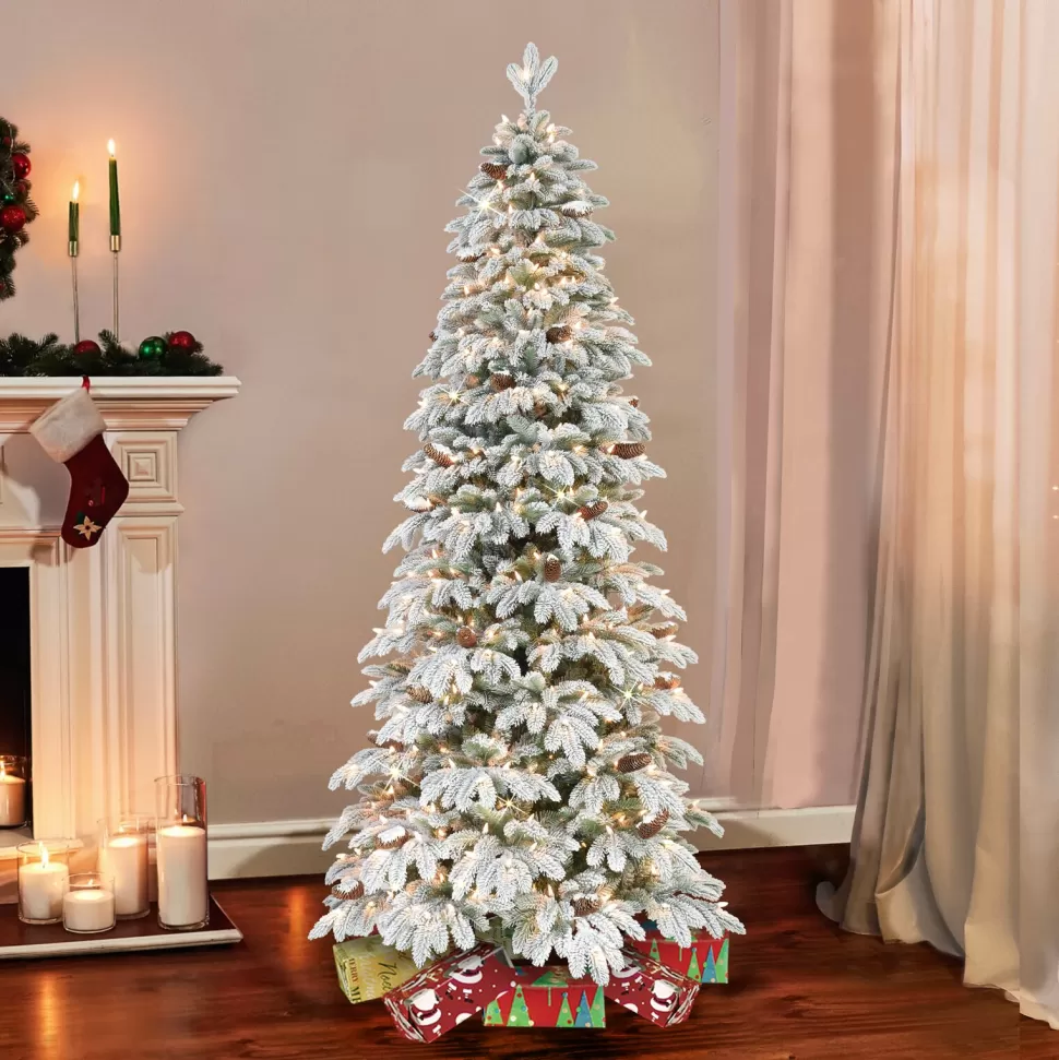 Best The Holiday Aisle Flocked Slim Montville 7.5' Green/White Spruce Artificial Christmas Tree With 450 Clear/White Lights