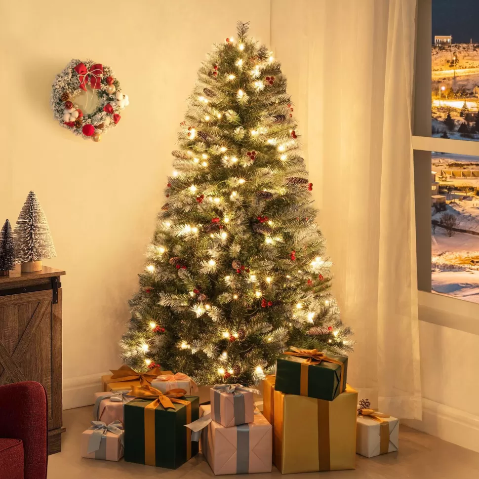 New The Holiday Aisle Frosted Pre-Lit Artificial Spruce Christmas Tree With Stand, Pine Cones, Faux Berries & Foot Pedal