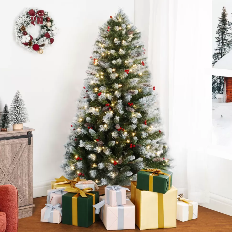 New The Holiday Aisle Frosted Pre-Lit Artificial Spruce Christmas Tree With Stand, Pine Cones, Faux Berries & Foot Pedal