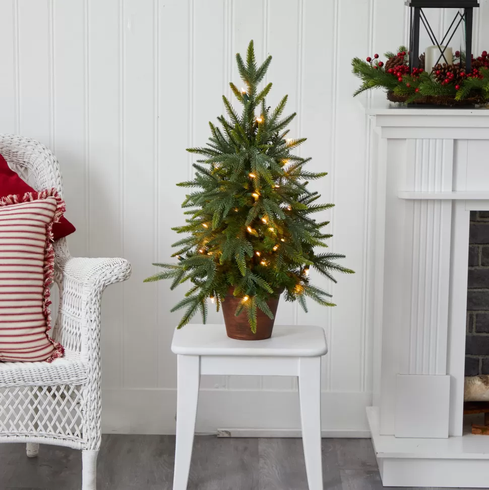 Shop The Holiday Aisle Nearly Natural 2.5' Green Fir Artificial Christmas Tree With 50 Lights & White Lights