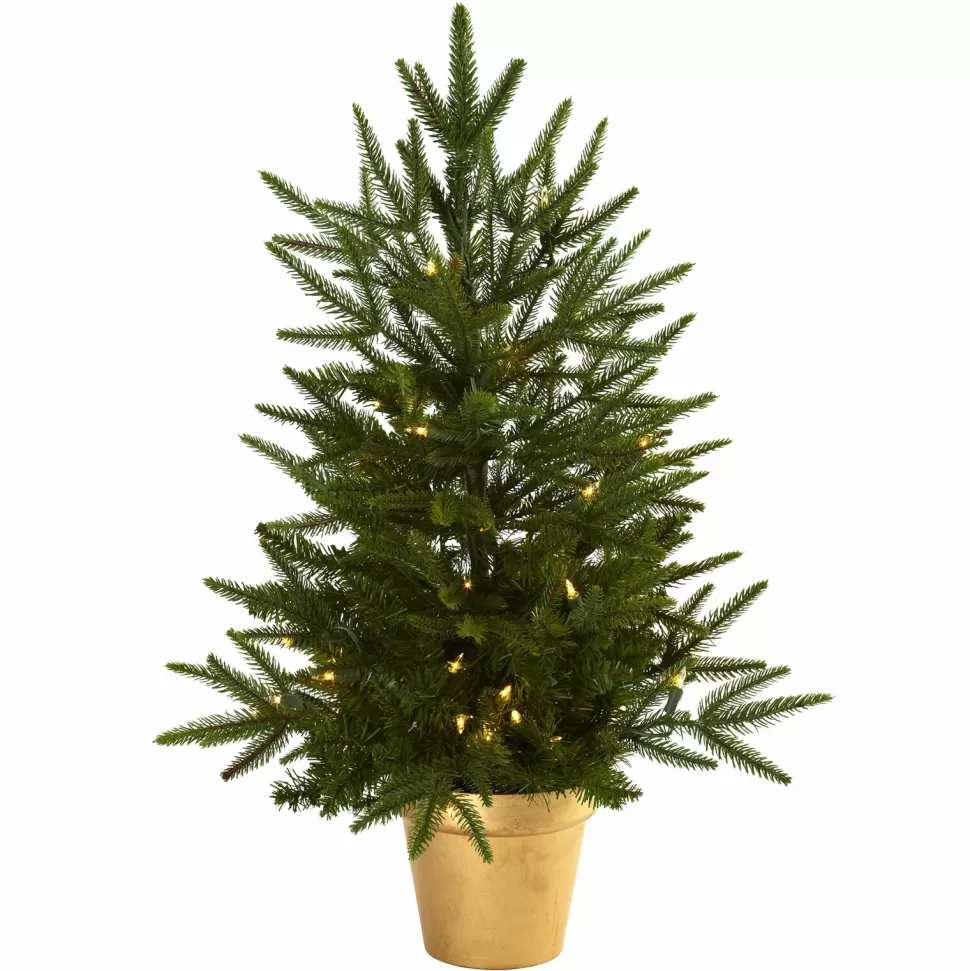 Shop The Holiday Aisle Nearly Natural 2.5' Green Fir Artificial Christmas Tree With 50 Lights & White Lights