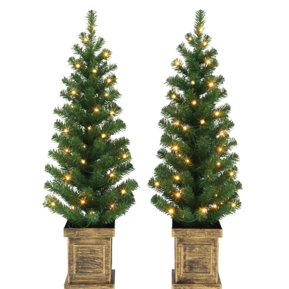 Sale The Holiday Aisle Set Of 2, 3.5 Ft B/O Potted Pre-Lit Trees, 90 Tips, 35 Warm White Led Lights, Plastic Pot, (3 X Aa Batteries Not Included), 6/18 Hours On/Off Timer Function