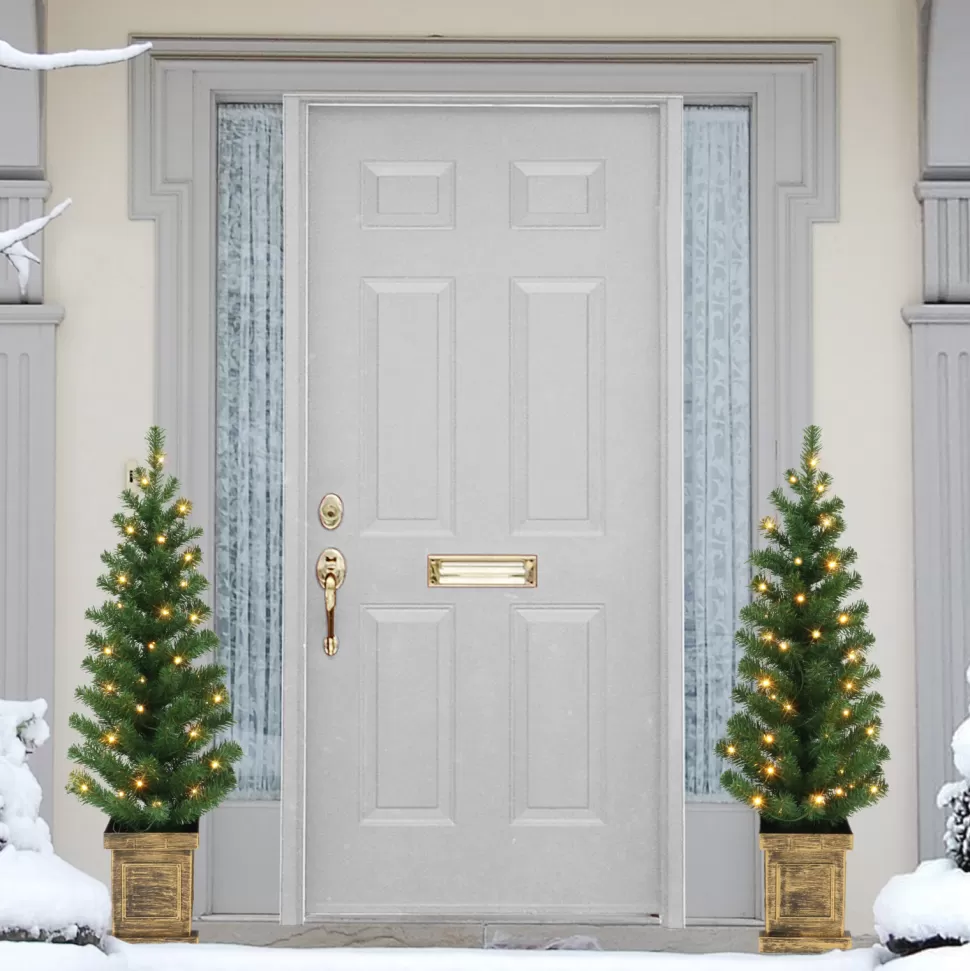 Sale The Holiday Aisle Set Of 2, 3.5 Ft B/O Potted Pre-Lit Trees, 90 Tips, 35 Warm White Led Lights, Plastic Pot, (3 X Aa Batteries Not Included), 6/18 Hours On/Off Timer Function