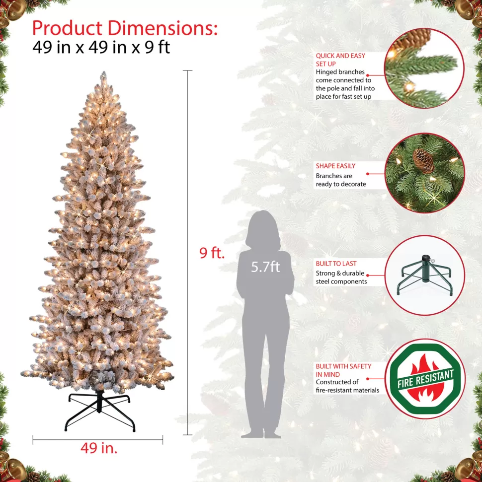 Outlet The Holiday Aisle Slim Flocked Fraser 9' Green/White Fir Artificial Christmas Tree With 800 Clear/White Lights