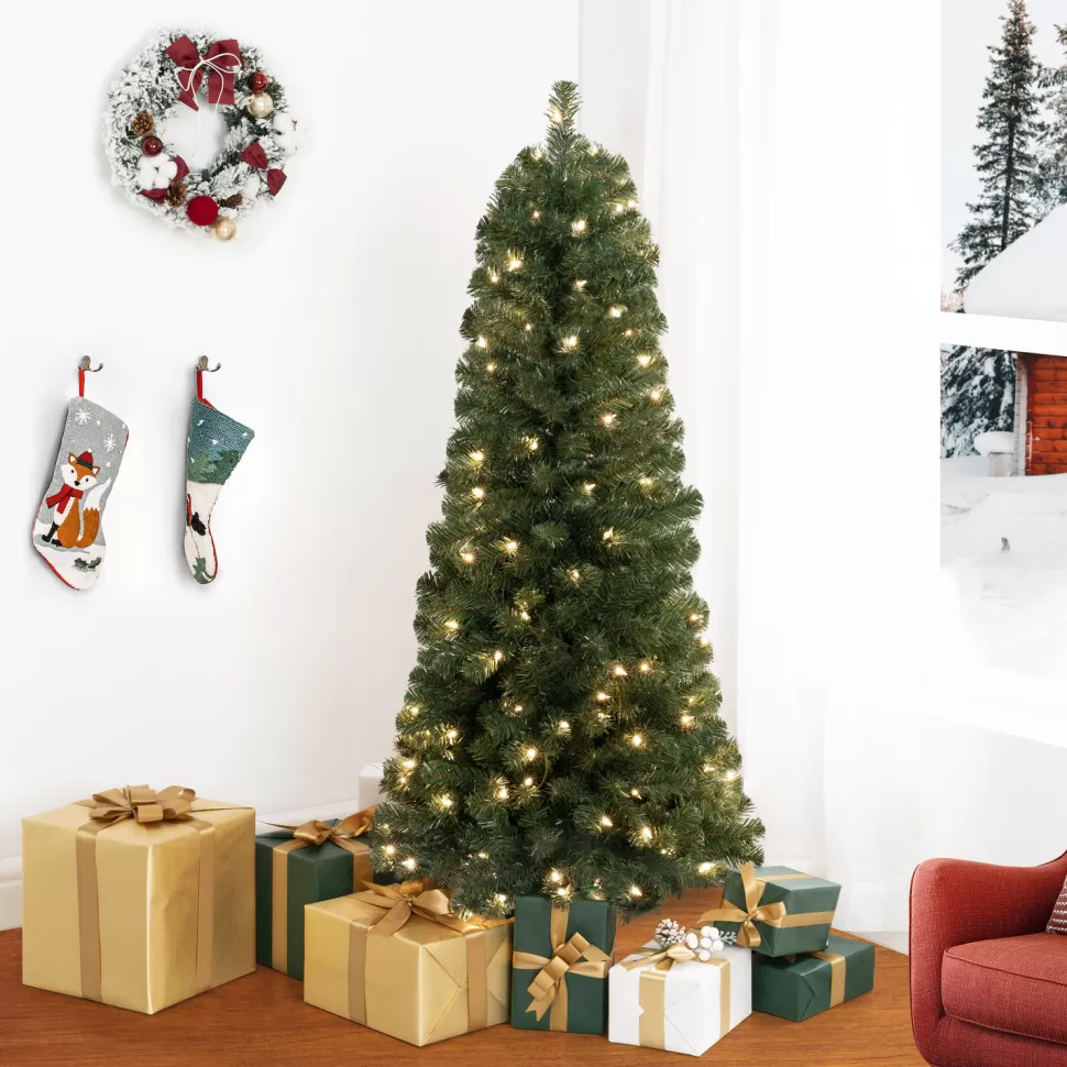 Best Sale The Holiday Aisle Slim Pre-Lit Artificial Christmas Tree, Green Pine Fir Warm Lighted Christmas Tree With Metal Stand