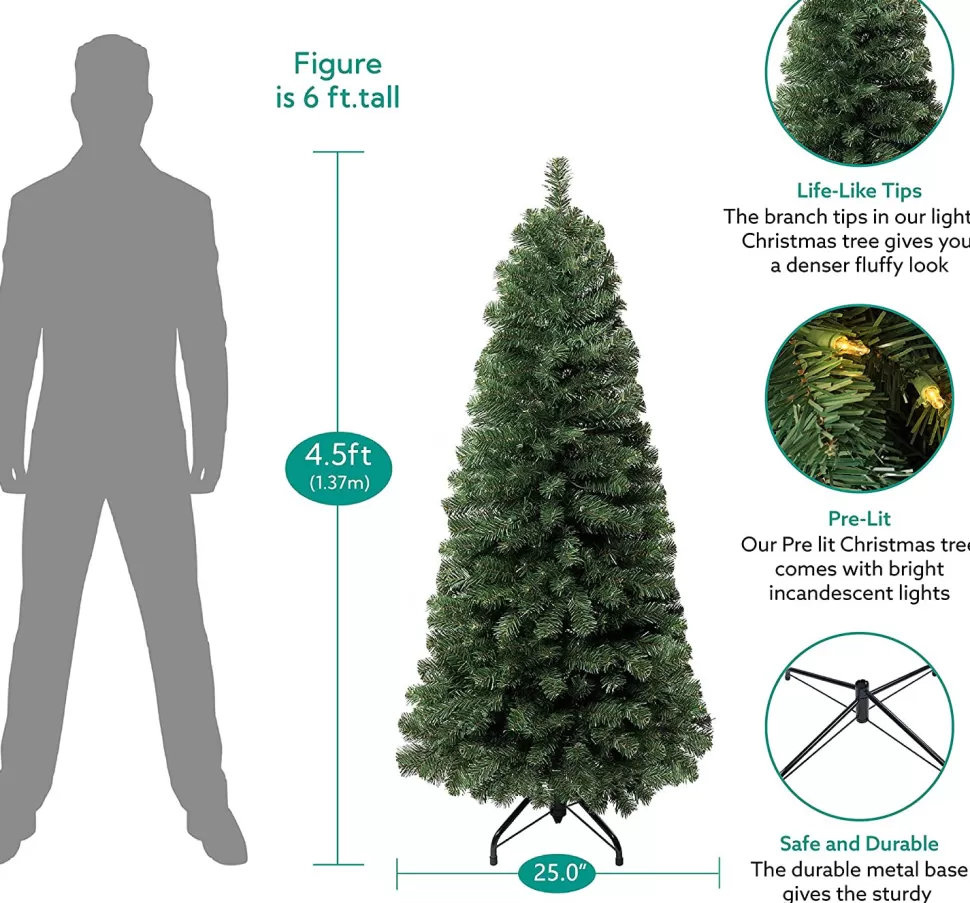 Best Sale The Holiday Aisle Slim Pre-Lit Artificial Christmas Tree, Green Pine Fir Warm Lighted Christmas Tree With Metal Stand