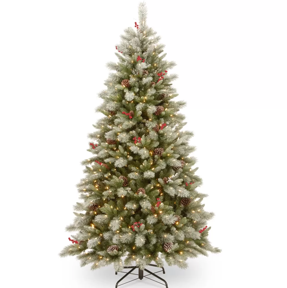 Store The Holiday Aisle Snowy Bristle Berry 7.5' Green Pine Artificial Christmas Tree With 700 Colored And White Lights