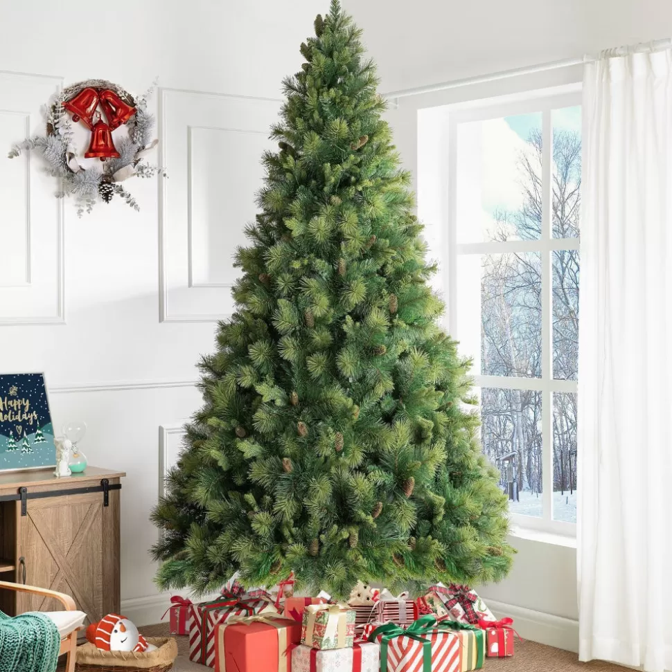 Store The Holiday Aisle Traditional Prelit Artificial Christmas Tree With Pine Cones And Foot Pedal, Lighted Christmas Tree