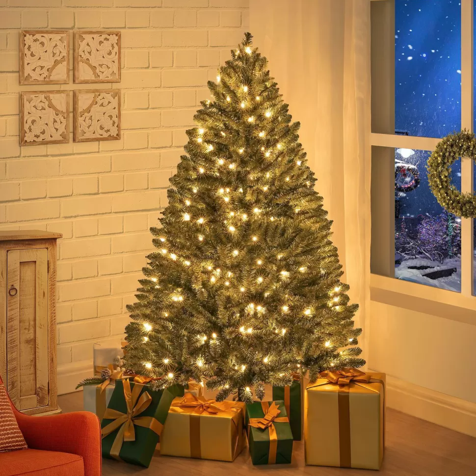 Shop The Holiday Aisle Warm Lighted Artificial Spruce Christmas Tree, Green Pre-Lit Christmas Tree With Stand & Foot Pedal