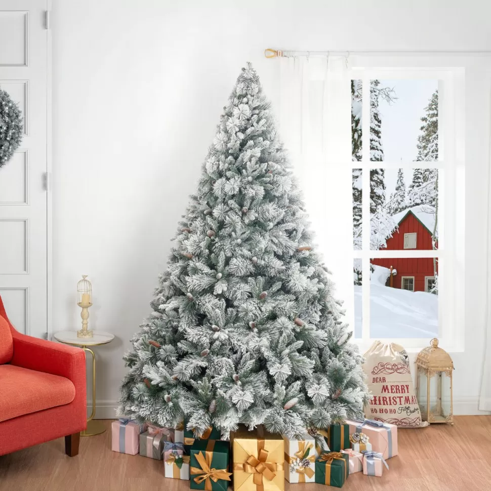 Best Sale The Holiday Aisle White Warm Lighted Christmas Tree Frosted Prelit Artificial Christmas Tree W/ Pine Cone & Foot Pedal