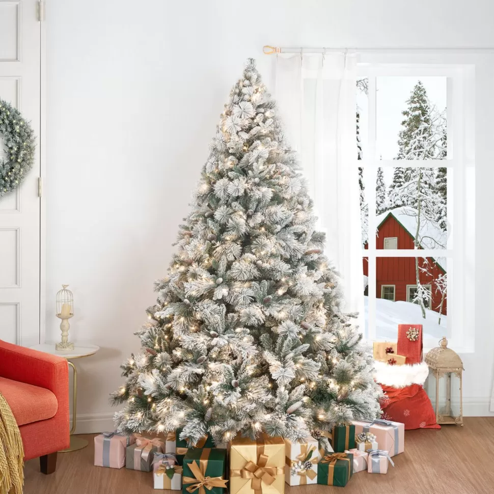 Best Sale The Holiday Aisle White Warm Lighted Christmas Tree Frosted Prelit Artificial Christmas Tree W/ Pine Cone & Foot Pedal